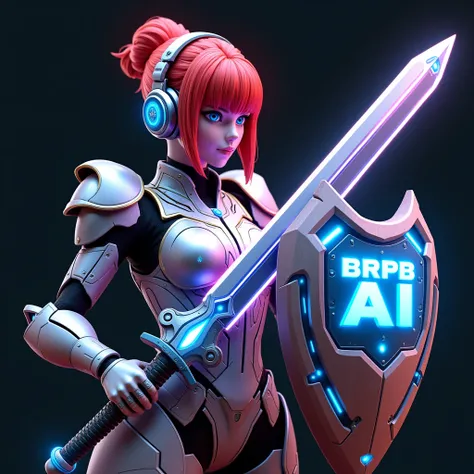 A mesmerizing shiny 3D logo of Indonesian mecha-themed woman, red hair in a bun, wearing futuristic headphones, and intricate robotic mechanical armor with rosewood grain pattern lacquered by reflective molten glass, holding a futuristic rosewood grain shi...