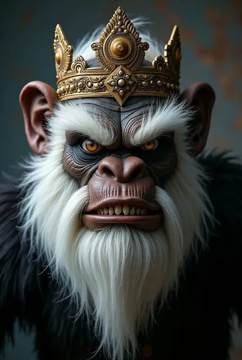 like in the Ramayana puppet story, make a face for the Javanese character Anoman, the scary and amazing white ape man with a sharp gaze, firm, and looking forward with a dark background, anoman face details : has a white beard and sharp teeth, wearing a pu...