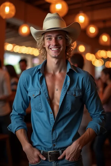 Sexy young man, blonde hair, blue eyes, blusa azul, Jeans, cowboy hat, big ass, lean forward, Other, Other, smiling, Dance, bar, people around, Other