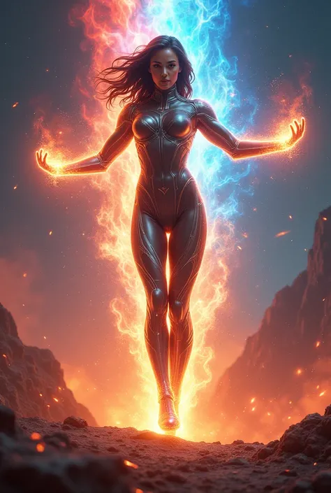 beautiful woman,perfect body, with Captain Atom suit from DC Comics, standing with arms up and legs extended,hands up receiving multicoloured rays from all sides, at dusk on a distant planet in the middle of space, with the flames of hell in the background