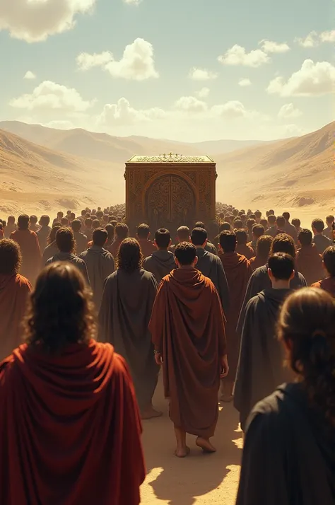 Create an image of the Jews carrying the Ark of the Covenant in procession, the ark was completely covered for transport 