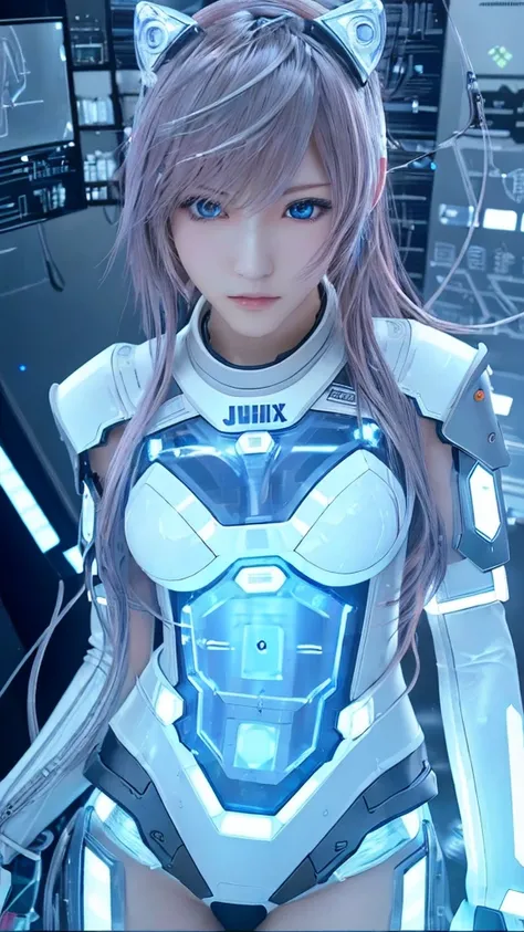 (Best Quality, High resolution, masterpiece:1.2), Very detailed, Realistic:1.37, (Perfect Anatomy),1 girl,Cowboy Shot,Full body portrait,,Woman close up, Cute and perfectly beautiful Japanese idols,  Female Model、Transform into a cute cyborg,, (blue led ey...