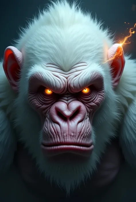 the face of the Javanese character Anoman Obong, the scary and amazing white ape man with a sharp gaze, firm, and looking forward with a dark background, add a little spark