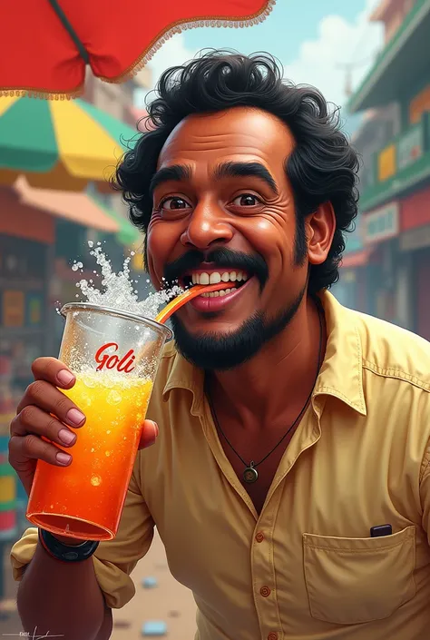 A brahmanandam character holding or enjoying a goli soda