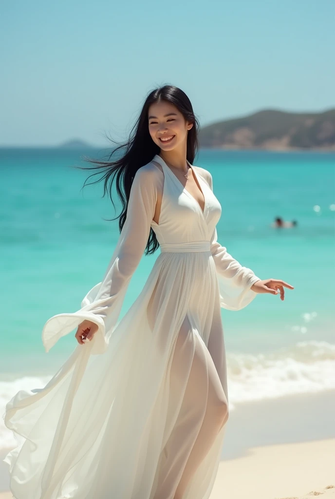 Generate 4k images，Describes a beautiful 1 girl from Taiwan，Smooth and fair skin，Big breasts，Height 170cm，Have long, glossy black hair，Big watery eyes，Expression relaxed and natural，with a charming smile，look into camera，eyes full of love，Wearing tight-fit...