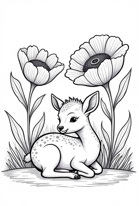 A cute coloring book of a baby deer resting between two large flowers, for children.., black and white outline, Linear art