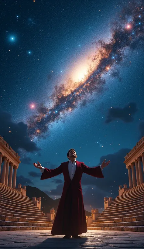 Mario del Monaco sings in a Greek theater, starry night, galaxies, fireflies