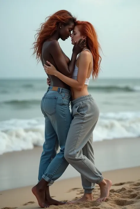 White skinned redhead on the beach, barefoot, in jeans, Sexy skinny woman. Black skinned woman lying in front of her , gri eşofmanlı Sexy skinny woman öpüşüyor