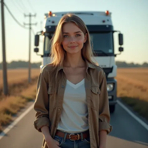 Pretty girl 3, truck driver, dressed in simple casual clothes, not super beautiful, but with a friendly smile. daylight hours, She is standing in front of a truck on the road, characteristic of the Polish landscape - perhaps, countryside or highway with Po...