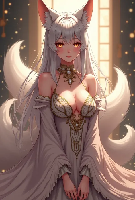 Beautiful teenage girl, silver and straight and silky hair, fox ears, nine fox tails, royal. Robes,  anime, sexy, big boobs