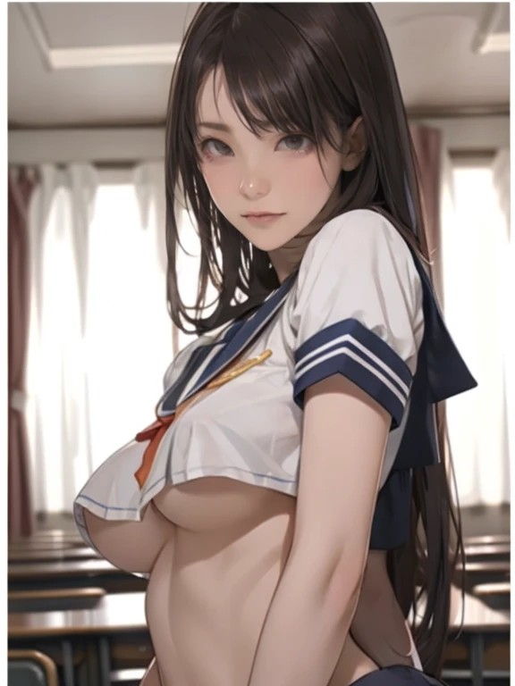 (8k,Photorealistic, masutepiece, Best Quality, Raw photo:1.3)、1girl in, 25years old,Solo,adult girl, Long hair, Brown hair, (real beautiful pearl skin:1.2),Detailed beautiful face, alluring face, (Detailed beautiful brown eyes:1.2), big breasts,(underboob:...