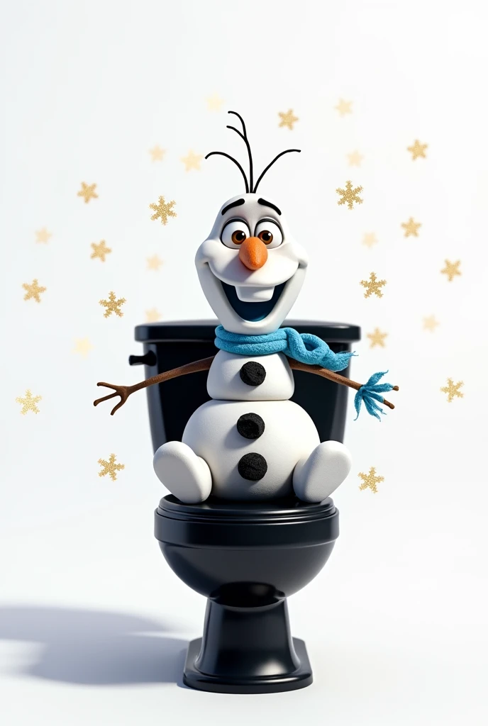 Create olaf with a sky blue scarf on a black toilet on a white background with gold colored snowflakes 