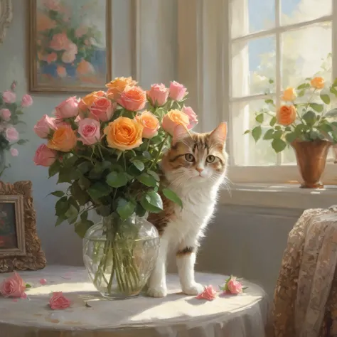 Holding a bouquet of roses on a summer morning、Alena Lemar style、Persian cat、Beautiful flowers々Surrounded by paintings  (Professional Painting, Dynamic pose, Dynamic Composition, Dynamic Lighting, Realistic proportions, Very detailed, Intricate details, NF...