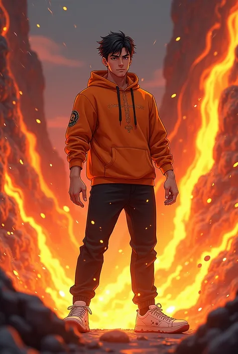 Anime handsome boy orange hoodie black pant white sneakers sorcerer of lava