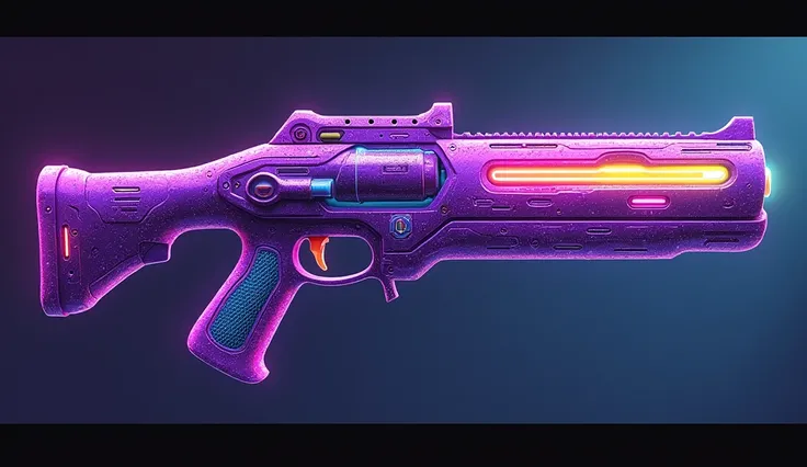 weapon: a gun
Цвет: The main color is bright, neon purple.
Along the barrel of the weapon there is a strip of neon in different colors, imitation rainbow.
There are shiny scales of different colors all over the weapon., which shimmer when moving.
,side vie...