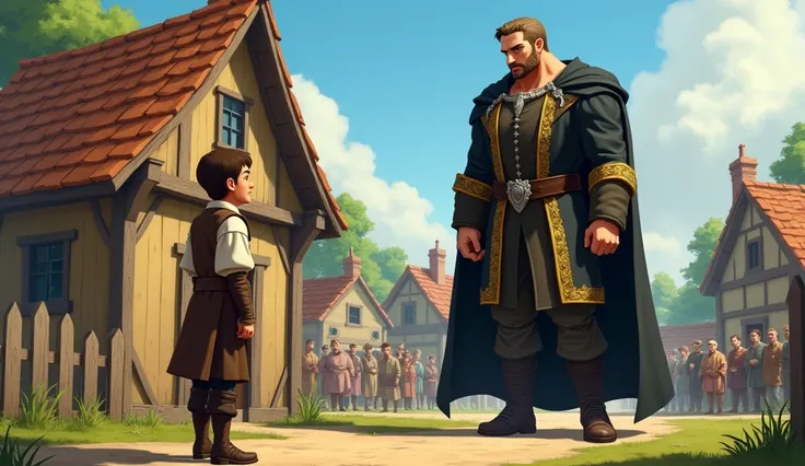 In animation style 
William stands with a worried expression in front of his small, weathered cottage, while Richard towers over him, radiating arrogance. Williams clothes are humble—brown, patched tunic and trousers—while Richard’s are opulent—a black clo...