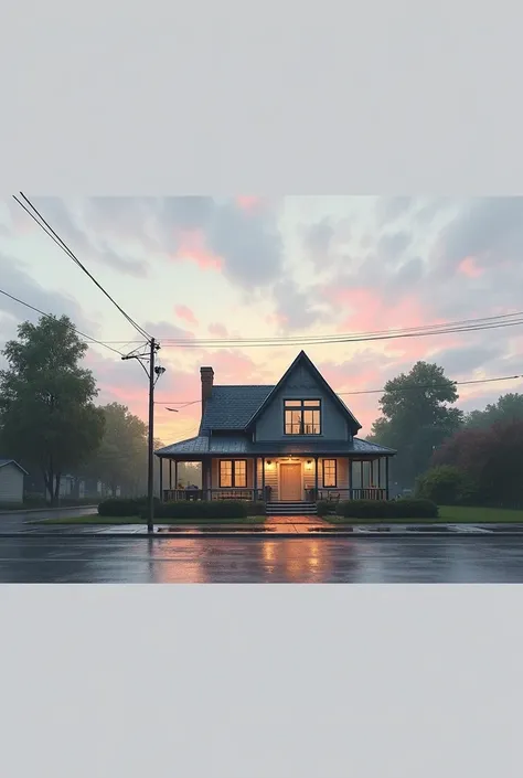 Create architectural photos of the outside of the house, sunset sky, rainy street, light emanating from inside the house