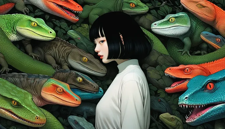 Illustration、art、Horror, Supervised by Junji Ito、Attention to detail, Realistic shadows、Analog Style, chromatic aberration, Surrealism、reptiles、Lizard、black