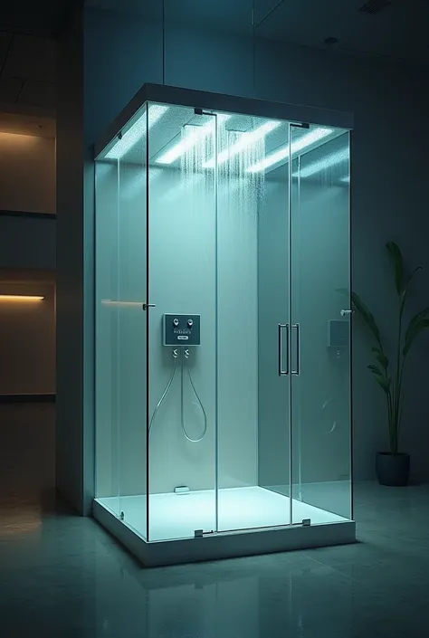          Show a shower cabin in a closed atmosphere inside the glass inside the concert area 