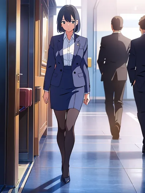 A career woman wearing a navy blue suit、Female, 2、One person、She is wearing a navy blue tight skirt under her suit.、