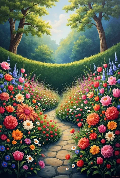 A painting type of  different kinds of beautiful flowers in a garden 
