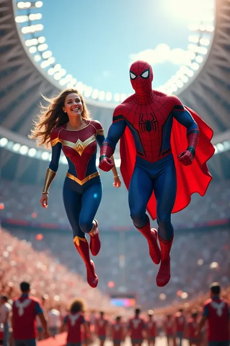 Spiderman and superwoman entering to Olympic laughing 