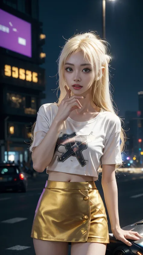 8k, UHD, masterpiece, 1 girl, ((good face)), very long hair, light makeup, (white skin:1.2), detailed eyes, small bust, simple cyberpunk clothing, ((golden t-shirt)), ((mini skirt)), (cyberpunk lighting:1.4), (building roadside), light effect, light reflec...