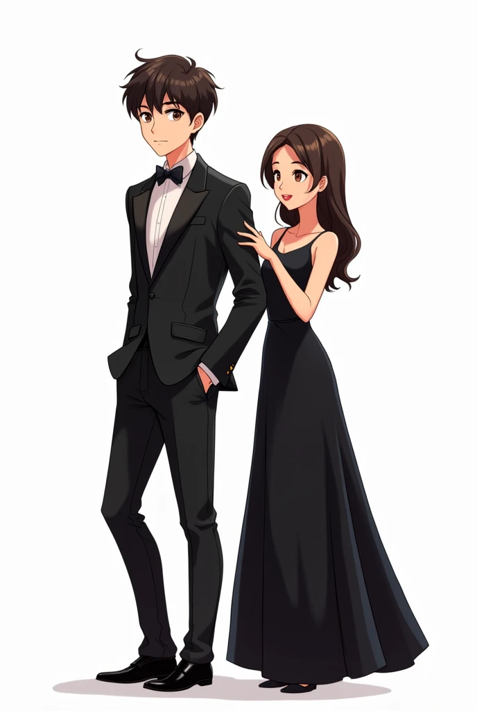 ((officially)) ((masterpiece)) ((Best quality)) ((detailed)) cartoon boy student in black tuxedo and cartoon girl student in black dress full length on white background