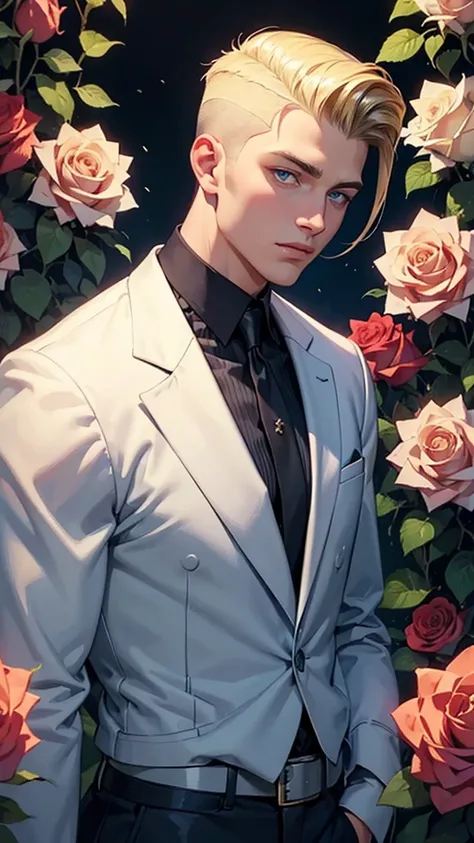 A handsome man, low fade undercut with side part blonde-haired man, blue eyes, surrounded by roses, 1 person