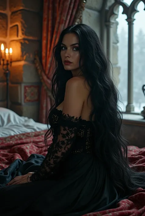 Figure of a mature woman with extremely long black hair that reached the floor, her beauty was truly peerless and otherworldly .She looks very mature and gorgeous, and her mature body. Her eyes, deep and mysterious like a void, are a captivating shade of b...