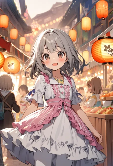 1girl, 10yo, gray hair, (medium hair), shaggy cut, brown eyes, (frontal, front-view, front view):1.4, cowboy shot
Break
Outfit: Pink frilly dress, white leggings, shoes with cute rabbit designs
Expression & Background: An excited expression while looking a...