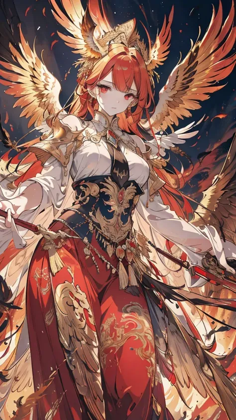 a majestic golden-winged phoenix,incredibly detailed wings with intricate feather patterns,piercing penetrating eyes,powerful talons,magnificent wingspan,dramatic lighting,cinematic composition,epic fantasy,dramatic colors,vibrant fiery hues,intricate orna...