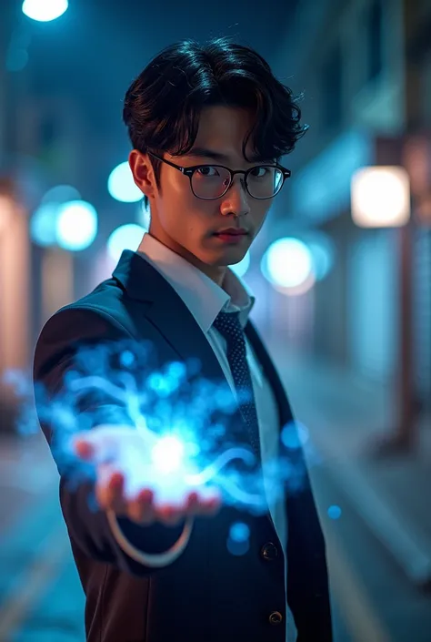 create a douyin handsome, {background: night}, HD text: "PRAS", office clotes, realistic, HDR, korean style, age 20, use glasses, use magic, black hair, 
curly hair