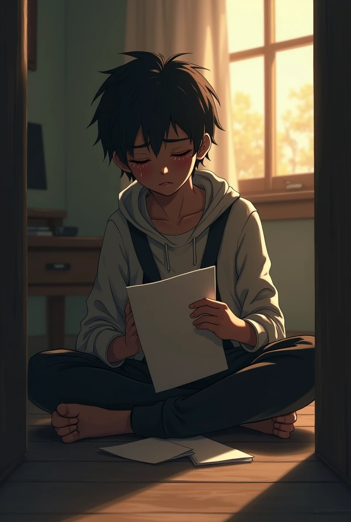 Amir sat on the floor with a letter in his hand., tears on her cheeks, surrounded by soft light from the window.