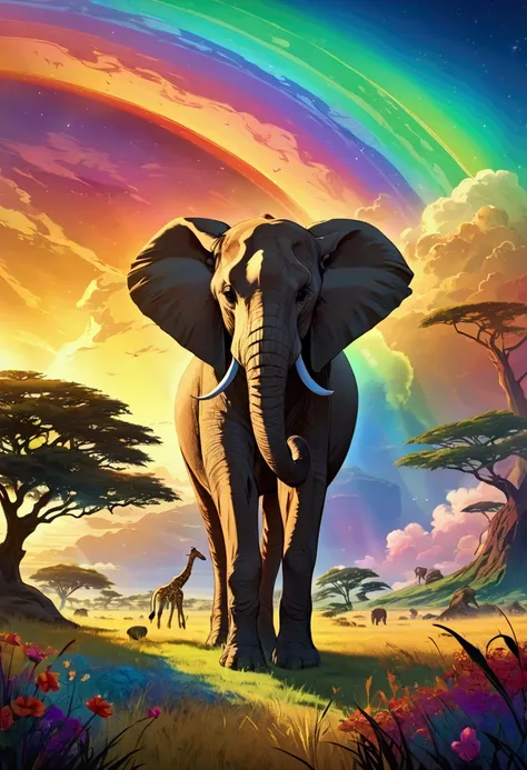 Fantasy　Vast savanna grassland　elephant　Giraffe　Lion　The background is a rainbow gradient　Earth