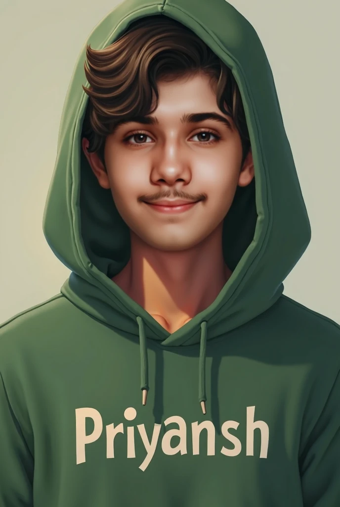 A man named Priyansh written on his green hoodie and his hoodies hat is on his head and he looks like young  boy.