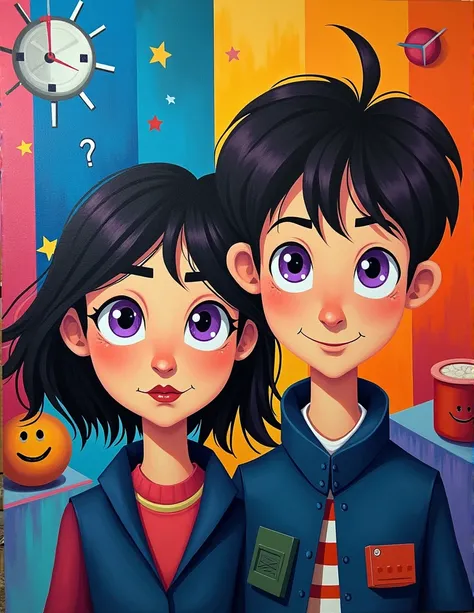 3 pcs painting on canvas a girl short hair her face only animated cubism and the background is variety of colors and a object but its not realism, impressionism art, and there is a boy animated his face only but its not realism Purple Eyes, 