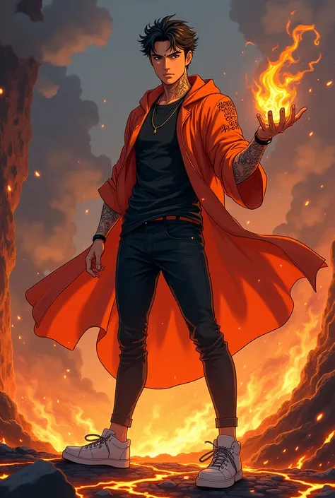 Anime handsome boy black t-shirt orange shirt black pant white sneakers sorcerer of lava