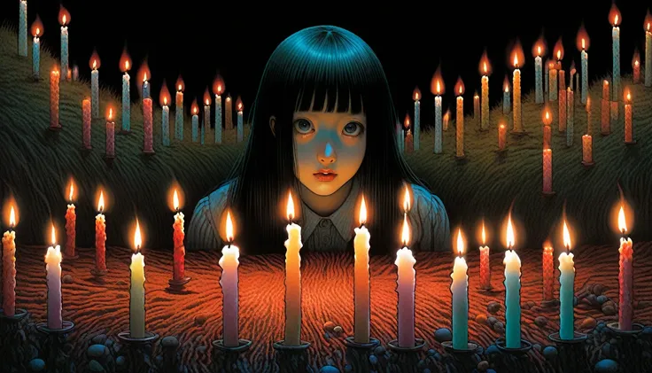 Illustration、art、Horror, Supervised by Junji Ito、Attention to detail, Realistic shadows、Analog Style, chromatic aberration, Surrealism、candle、One Hundred Tales