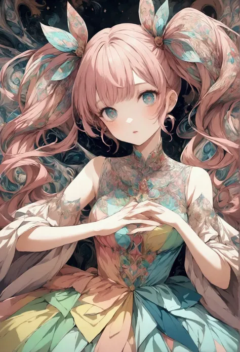 A delicate anime-style illustration of a girl with pink hair and large, expressive eyes. She is wearing a detailed, colorful dress with intricate patterns. The background features abstract, geometric shapes in soft pastel colors, creating a modern and arti...