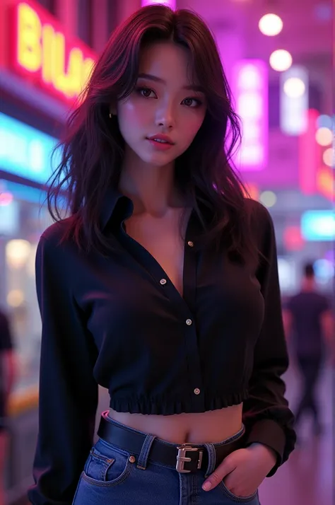 aVATAR SECOND LIFE Korean girl wearing black blouse, jeans, Asian, Perfect and detailed face, imvu, maximalist details, AVATAR SECOND LIFE Korean blusa , neon