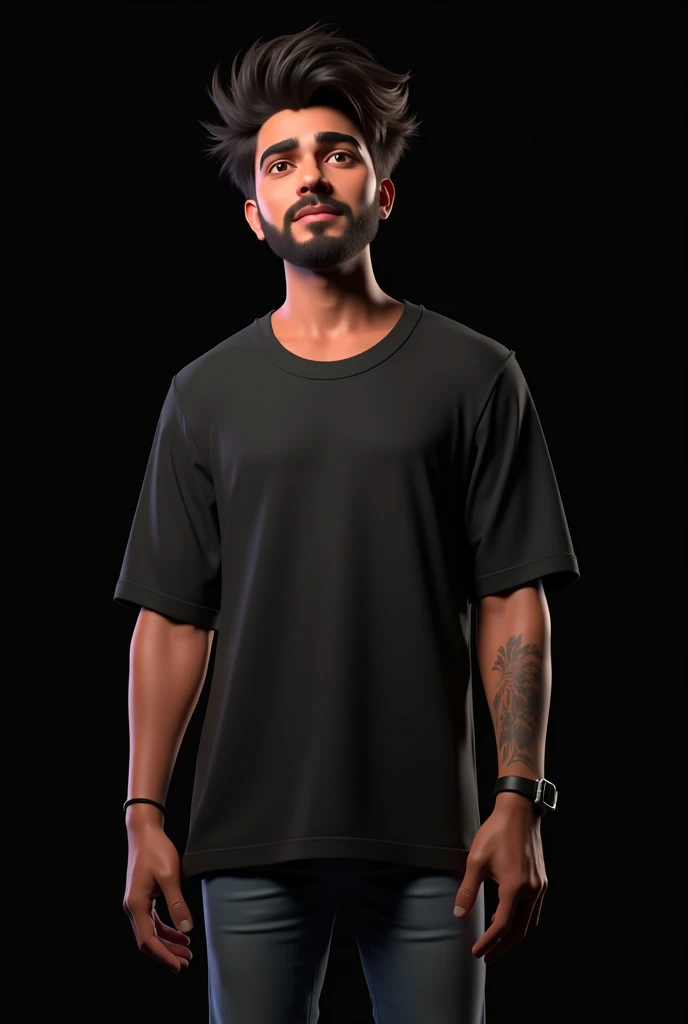 Raftaar Indian rapper his 3d animated wearing cotton fabric black Oversized tee with black background 