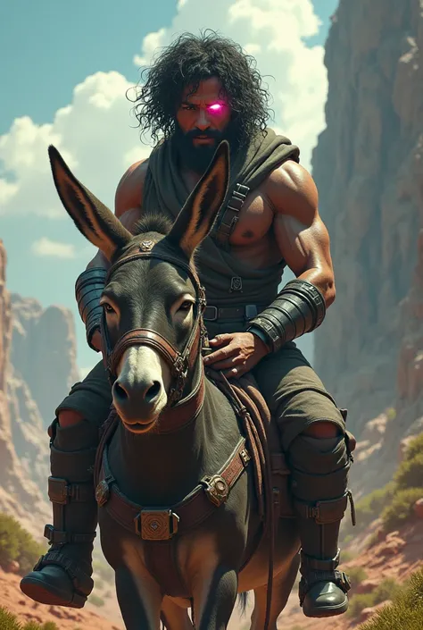 Brown man, curly hair, lazer in one eye like kano from motal kombat, riding a donkey