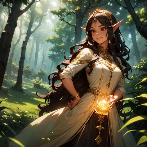 a moderate brown skinned female elf, crown on head, sinister smile, detailed face and eyes, long wavy hair, elf ears, magical aura, mystical forest background, cinematic lighting, fantasy art, digital painting, highly detailed, 8k, photorealistic, masterpi...