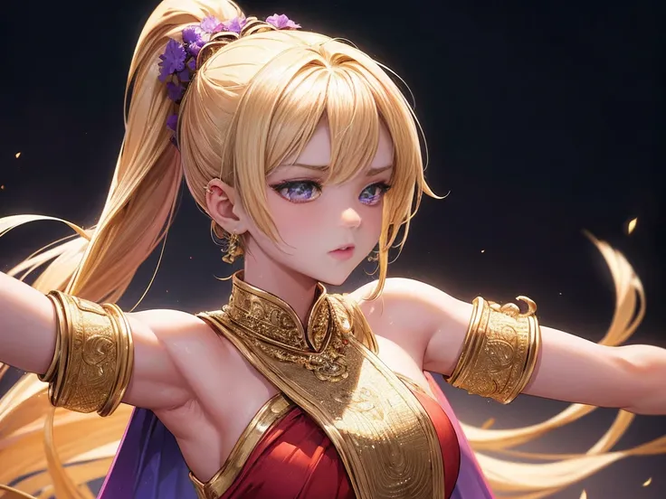 high quality:1.2, Very detailed, up to date, A lonely look, Ultra-high resolution, High Contrast, masterpiece:1.2, 最high quality, Best aesthetics), cute,Blonde haired、Ponytail girl, Golden piercing gaze, Glamorous proportions, Indian Dancer,Light purple da...