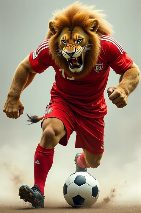 An angry lion wearing red soccer shirt while kicking the soccer ball