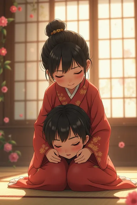 Boy using his dogeza beautiful mother head like a footstool