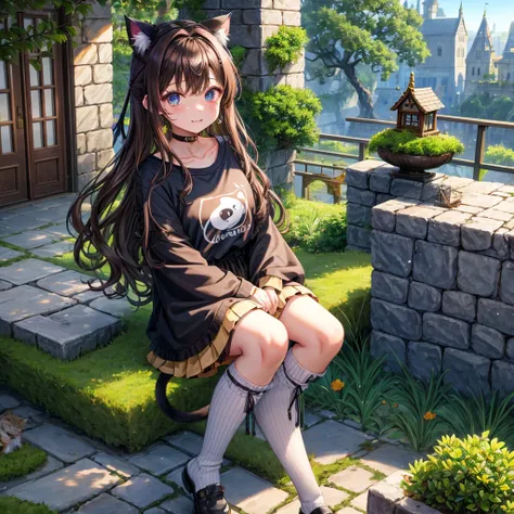 Rainbow brown hair、Rainbow Eyes、Wavy Hair、Hair tied up、Two cute、Checked mini skirt、Black T-shirt、Cat Ear Robe、Black knee-high socks、Headband、Teeth are visible、Monster Castle、Tilting face、lawn、In front of the city gates、Underground tunnels、The stone is crac...