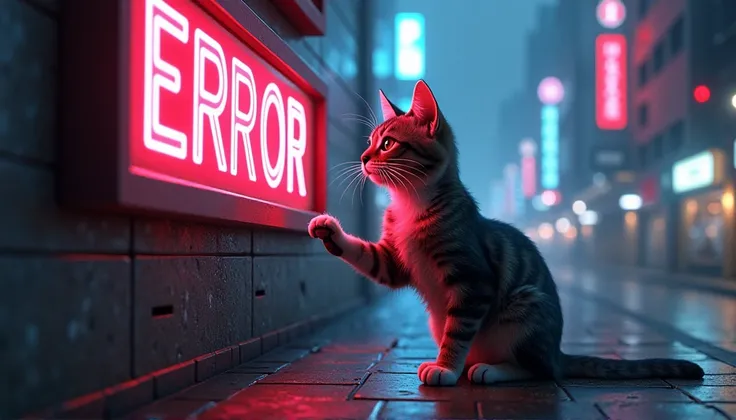 A cat tapping on a sign saying "Error", slightly abstract, cyberpunk, ultra quality, detailed background, --niji 5 --style cute