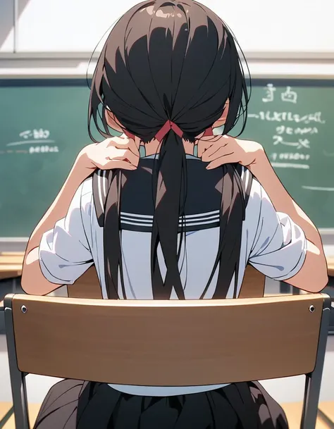 High resolution, 8k, best quality, masterpiece, ultra detailed, anatomically correct, anime,
1girl, (sitting backwards in a chair), (hands over backrest of chair:1.5), (backwards chair:1.5),
very long low twintails with red ribbon, very long low pigtails, ...